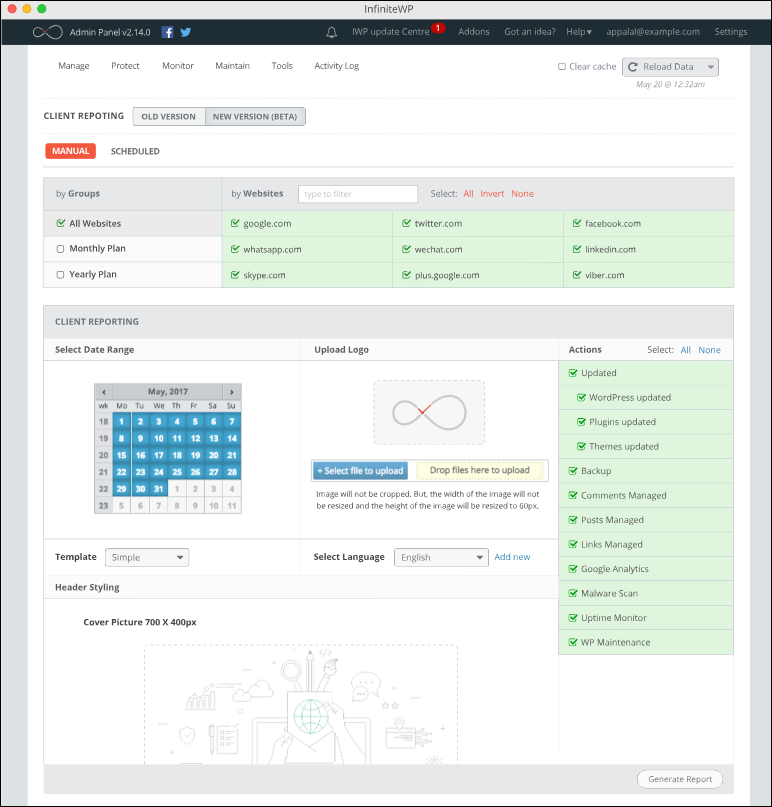 Infinite WP's reporting screen.