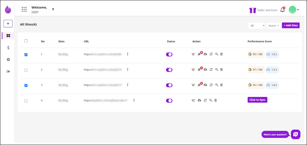 WP Blazer site management dashboard.