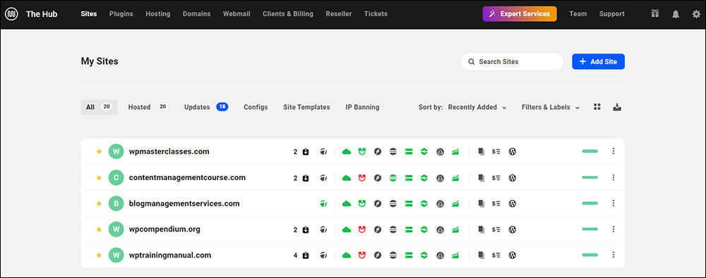 WPMU DEV's The Hub - Sites dashboard.