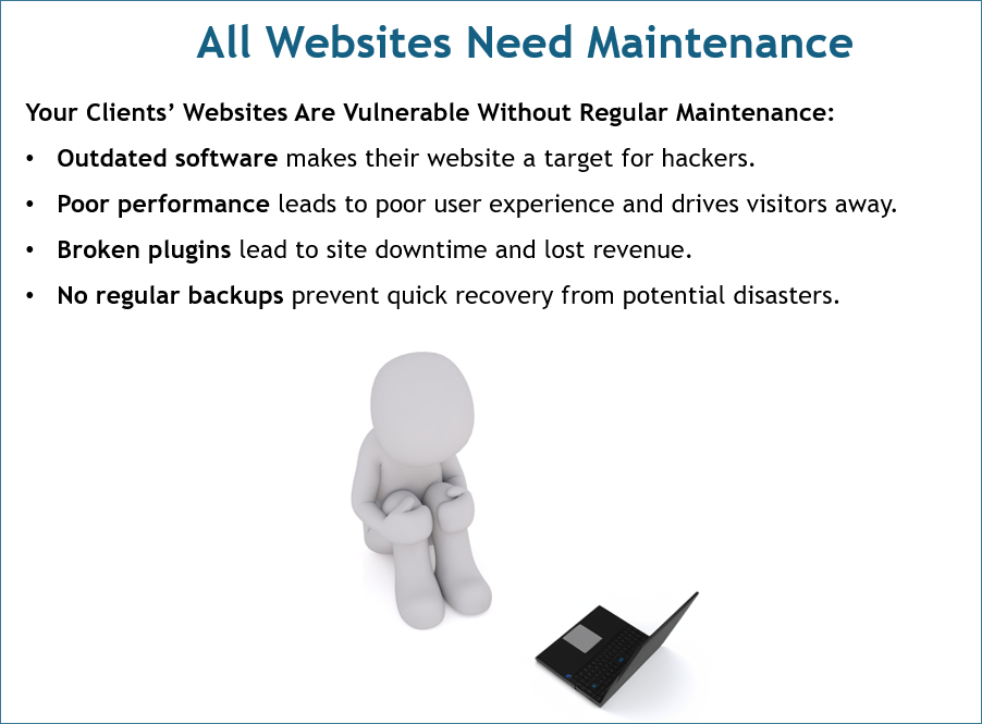 Slide showing that all websites need maintenance to deal with issues from outdated software, poor performance, broken plugins, and no regular backups.