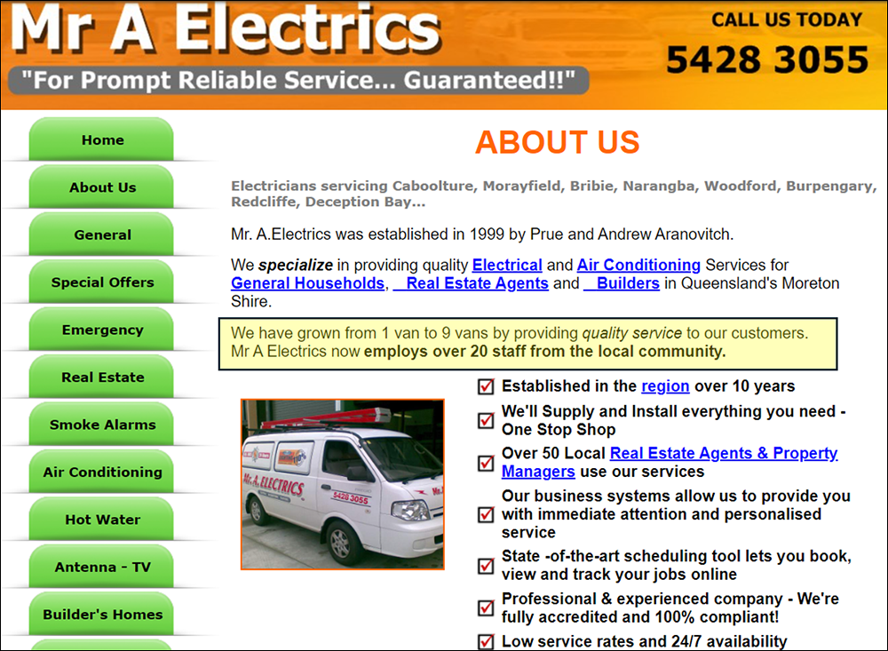Archived photo of Mr. A Electrics website.
